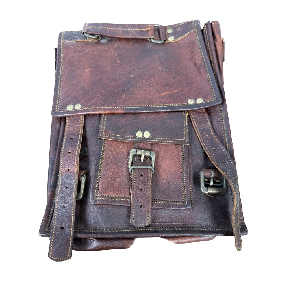 Messenger Bag Satchel Brown Leather Distressed Adjustable Buckle Pockets